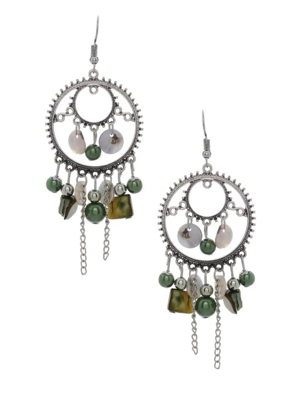 Seashell and Beads Tassel Design Dangling Hoop Women Statement Earrings